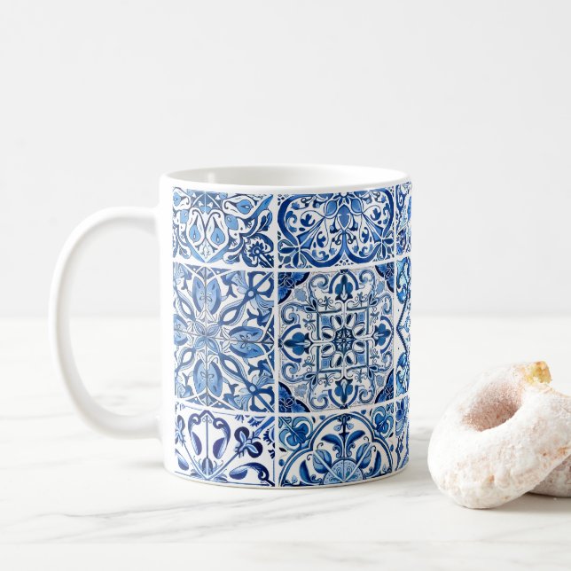 Mittelmeer-Fliesen, Portugal, Azulejo, Majolica Kaffeetasse (Mit Donut)