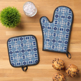 Mittelmeer-Fliesen, Portugal, Azulejo, Majolica Ofenhandschuh & Topflappen-Set