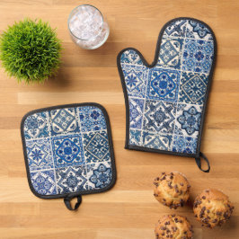 Mittelmeer-Fliesen, Portugal, Azulejo, Majolica Ofenhandschuh & Topflappen-Set
