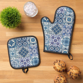 Mittelmeer-Fliesen, Portugal, Azulejo, Majolica Ofenhandschuh & Topflappen-Set