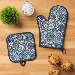 Mittelmeer-Fliesen, Portugal, Azulejo, Majolica Ofenhandschuh & Topflappen-Set