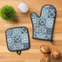 Mittelmeer-Fliesen, Portugal, Azulejo, Majolica Ofenhandschuh & Topflappen-Set