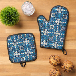 Mittelmeer-Fliesen, Portugal, Azulejo, Majolica Ofenhandschuh & Topflappen-Set