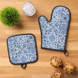 Mittelmeer-Fliesen, Portugal, Azulejo, Majolica Ofenhandschuh & Topflappen-Set