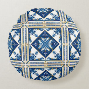 Mittelmeer-Fliesen, Portugal, Azulejo, Majolica Rundes Kissen