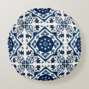 Mittelmeer-Fliesen, Portugal, Azulejo, Majolica Rundes Kissen