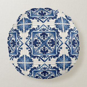 Mittelmeer-Fliesen, Portugal, Azulejo, Majolica Rundes Kissen