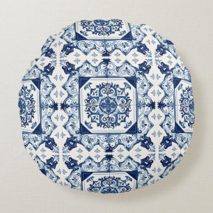 Mittelmeer-Fliesen, Portugal, Azulejo, Majolica Rundes Kissen