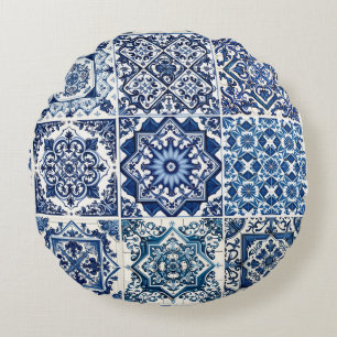 Mittelmeer-Fliesen, Portugal, Azulejo, Majolica Rundes Kissen