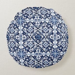 Mittelmeer-Fliesen, Portugal, Azulejo, Majolica Rundes Kissen