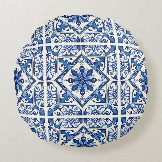 Mittelmeer-Fliesen, Portugal, Azulejo, Majolica Rundes Kissen (Vorderseite)