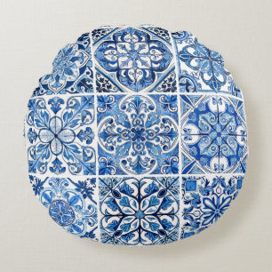 Mittelmeer-Fliesen, Portugal, Azulejo, Majolica Rundes Kissen