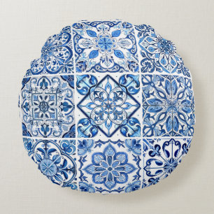Mittelmeer-Fliesen, Portugal, Azulejo, Majolica Rundes Kissen