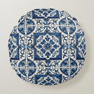 Mittelmeer-Fliesen, Portugal, Azulejo, Majolica Rundes Kissen