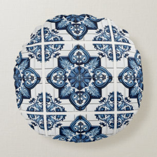 Mittelmeer-Fliesen, Portugal, Azulejo, Majolica Rundes Kissen