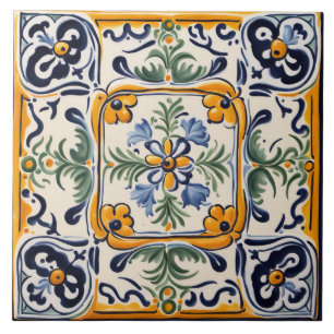 Mittelmeer Gelb & Blau Blumen Volkskunst Floral Fliese