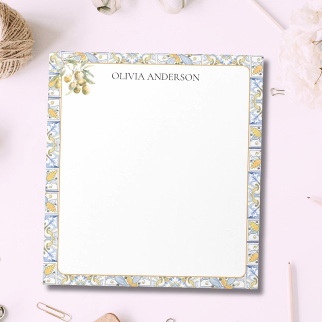 Mittelmeer Gelbe blaue Fliesenmuster Notizblock (In situ)