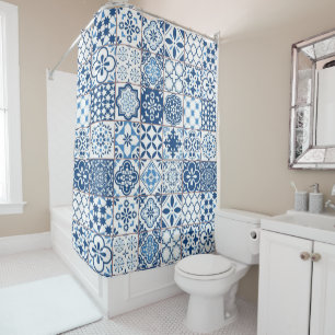 Mittelmeer-Indigo-Blau-Azulejo-Mosaikfliesen Duschvorhang