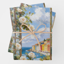 Mittelmeer-Küstenort & Weiße Rosen Wrappi Geschenkpapier Set