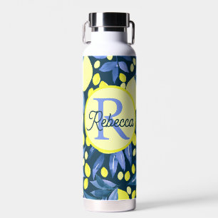 Mittelmeer-Monogramm-Name Chic Lemons Blaues Blatt Trinkflasche