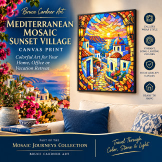 Mittelmeer-Mosaik-Sonnenuntergang-Dorf Kaffee Leinwanddruck