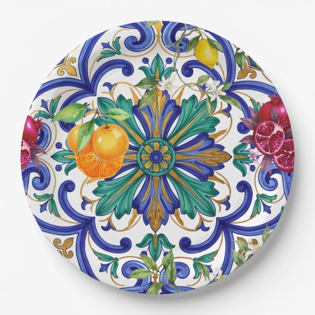 Mittelmeer-Mosaik-Zitrusfrucht  Pappteller (Vorderseite)