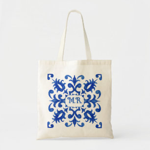 Mittelmeer- Portugiesische Blaue Fliesen-Monogramm Tragetasche