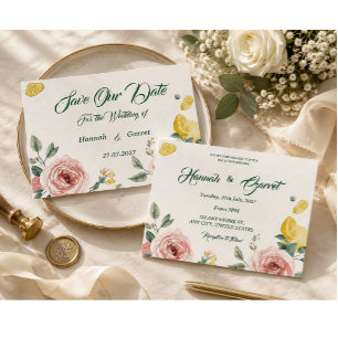 Mittelmeer-Rotrosa-Rosen- und Zitronen-Hochzeit Einladung