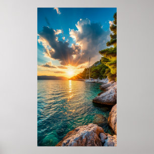 ⛵ Mittelmeer-Segelboot Sonnenuntergangs-Glühen Poster