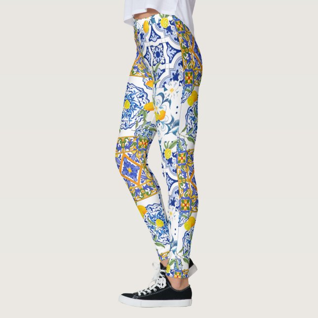 Mittelmeer,sizilianische Fliesen,Zitronen   Leggings (Links)