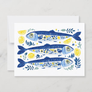 Mittelmeer Sommer Blau und Gelb Sardinen Postkarte