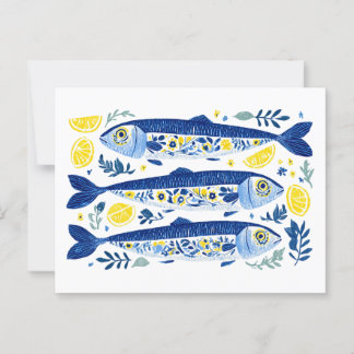Mittelmeer Sommer Blau und Gelb Sardinen Postkarte