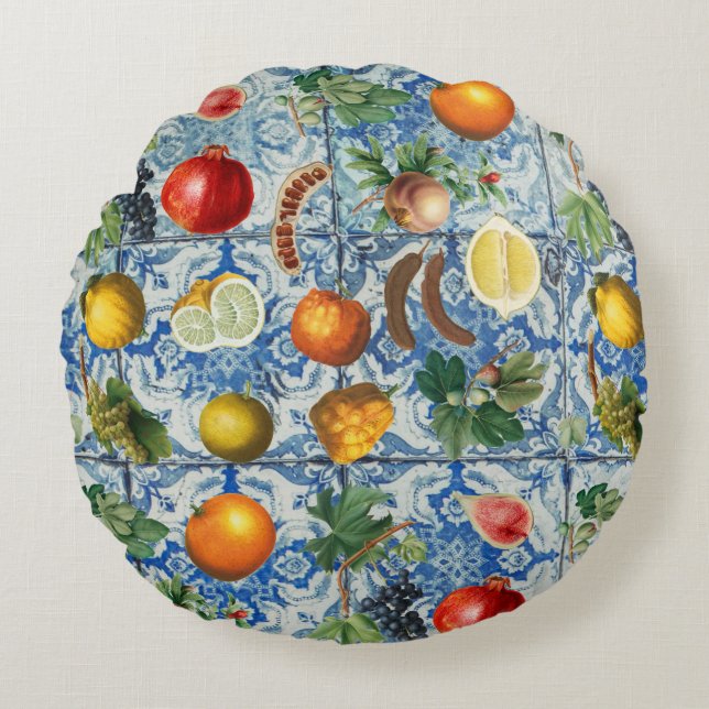 Mittelmeer Sommerfrüchte & Blaues Mosaik Rundes Kissen (Vorderseite)