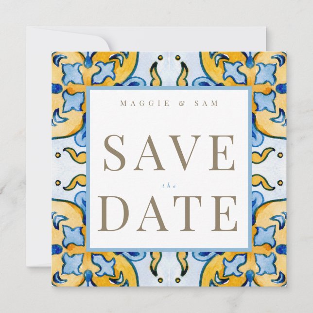 Mittelmeer-Tile-Hochzeit retten Datum Save The Date (Vorderseite)