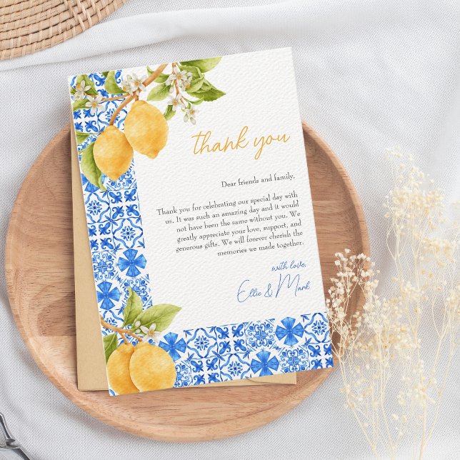 Mittelmeer Tiles Italien Lemon Brautparty Dankeskarte (Lemon Italian Tiles Thank You Card)