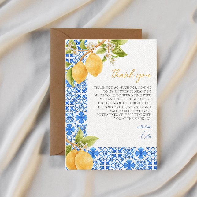 Mittelmeer Tiles Italien Lemon Brautparty Dankeskarte (birdal shower main squeeze thank you card)