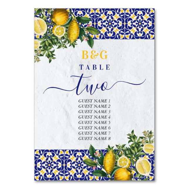 Mittelmeer Tiles Lemon Hochzeitreise Tischnummer (Vorderseite)