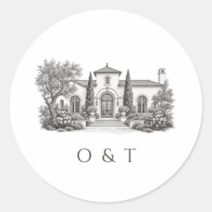 Mittelmeer-Villa-Illustration Elegante Hochzeit Runder Aufkleber
