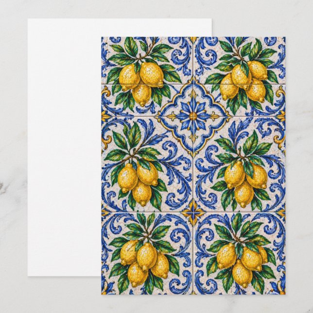 Mittelmeer-Zitronen-Azulejo-Fliese Einladung (Vorne/Hinten)