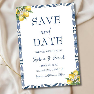 Mittelmeer-Zitronenblaue Fliesen-Hochzeit-Speicher Save The Date