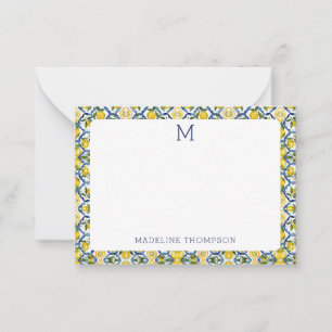 Mittelmeer-Zitrus-Limonen-Monogramm Blau Mitteilungskarte