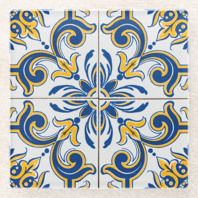 Mittelmeerblau & Gold Glasuntersetzer (Vorderseite)