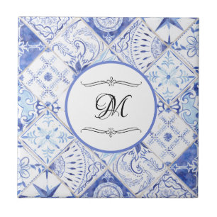 Mittelmeerblau-Weiß-Vintage-Küchenmonogramm Fliese