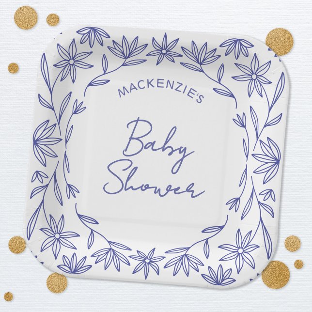 Mittelmeerblaue Baby Shower mit Wildblumen Pappteller (Modern Mediterranean blue and white floral wildflower line art personalized baby shower paper plates)