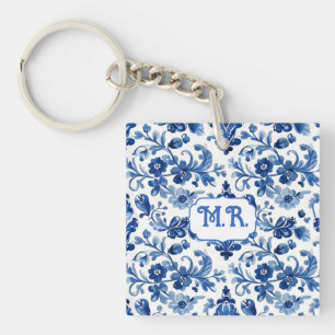 Mittelmeerblaue Blumenfliesen-Monogramm Schlüsselanhänger