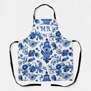 Mittelmeerblaue Blumenfliesen-Monogramm Schürze