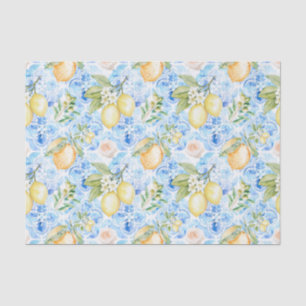 Mittelmeerblaue Fliese Gelbe Zitrone Aquarell Seidenpapier