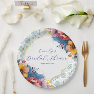 Mittelmeerblaue Fliesen Elegante Brautparty Pappteller
