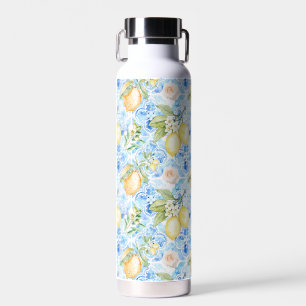 Mittelmeerblaue Fliesen Gelbe Zitrone Aquarell Trinkflasche