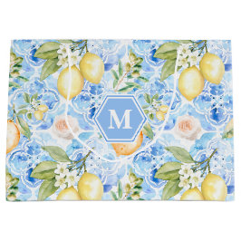 Mittelmeerblaue Fliesen-Limoncello-Monogramm-Name Große Geschenktüte
